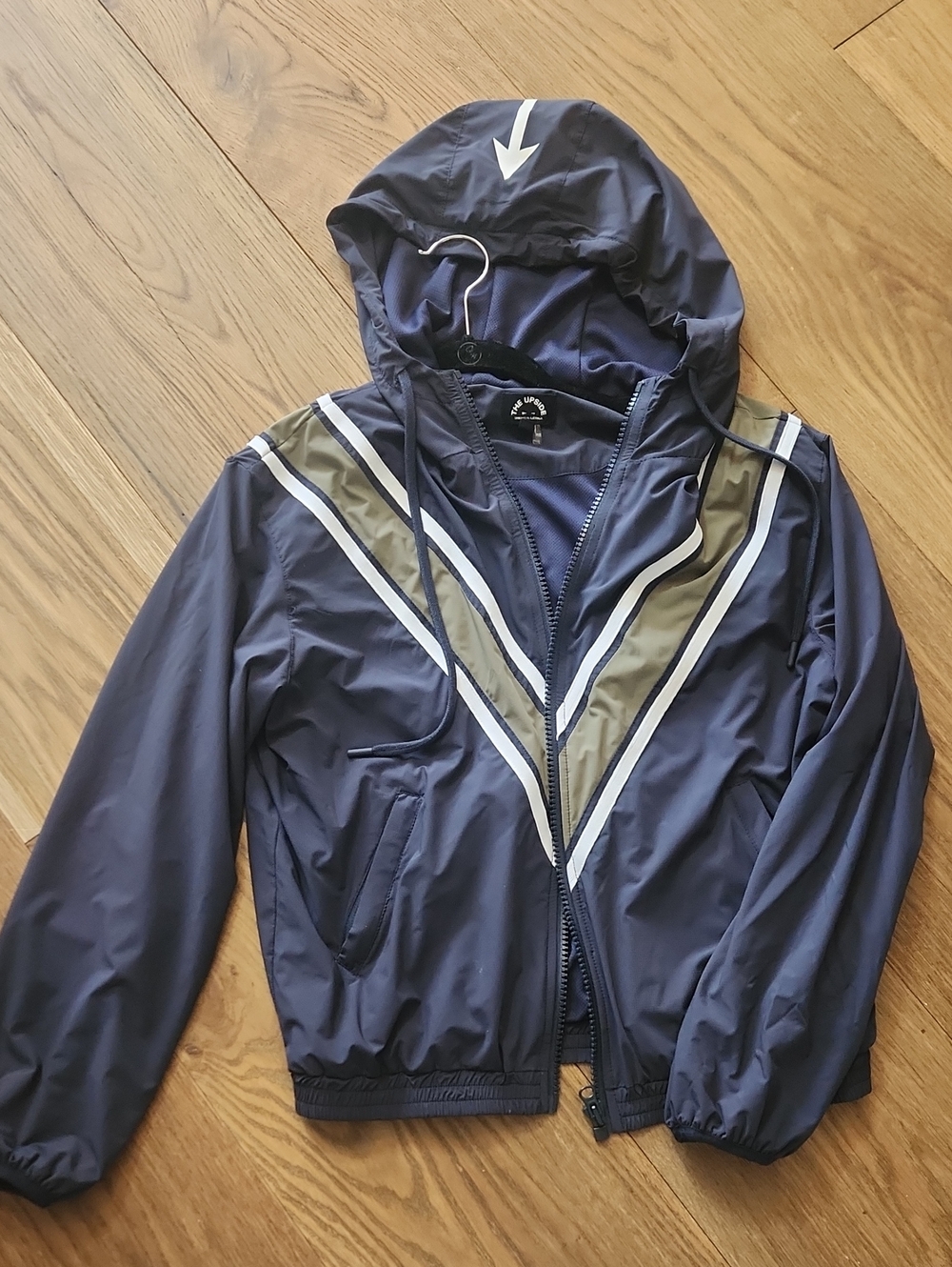 The Upside Navy Hooded Windbreaker with Tan & White Chevron Detail